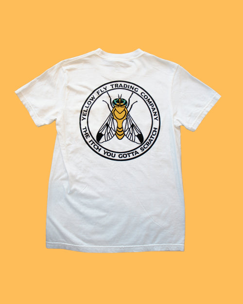 White t-shirt with a bee logo and text on the back against an orange background